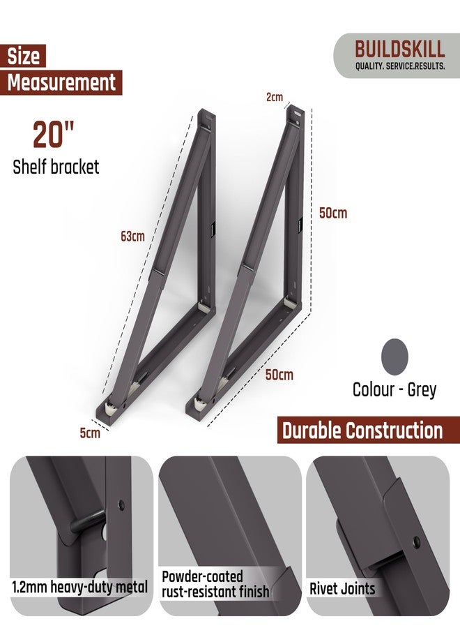 BUILDSKILL حامل رف قابل للطي من Buildskill مقاس 20 بوصة، حامل طاولة قابل للطي شديد التحمل بسمك 1.2 مم، مقاوم للتآكل وتصميم موفر للمساحة، حوامل لأرفف الحائط ومحطات العمل، للاستخدام المنزلي والمكتبي (رمادي داكن) (مجموعة من قطعتين) - Image 3